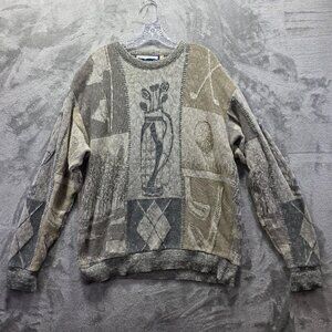Shenandoah Sweater Mens Large Gray Beige Golf Theme Jacquard Crewneck Made USA